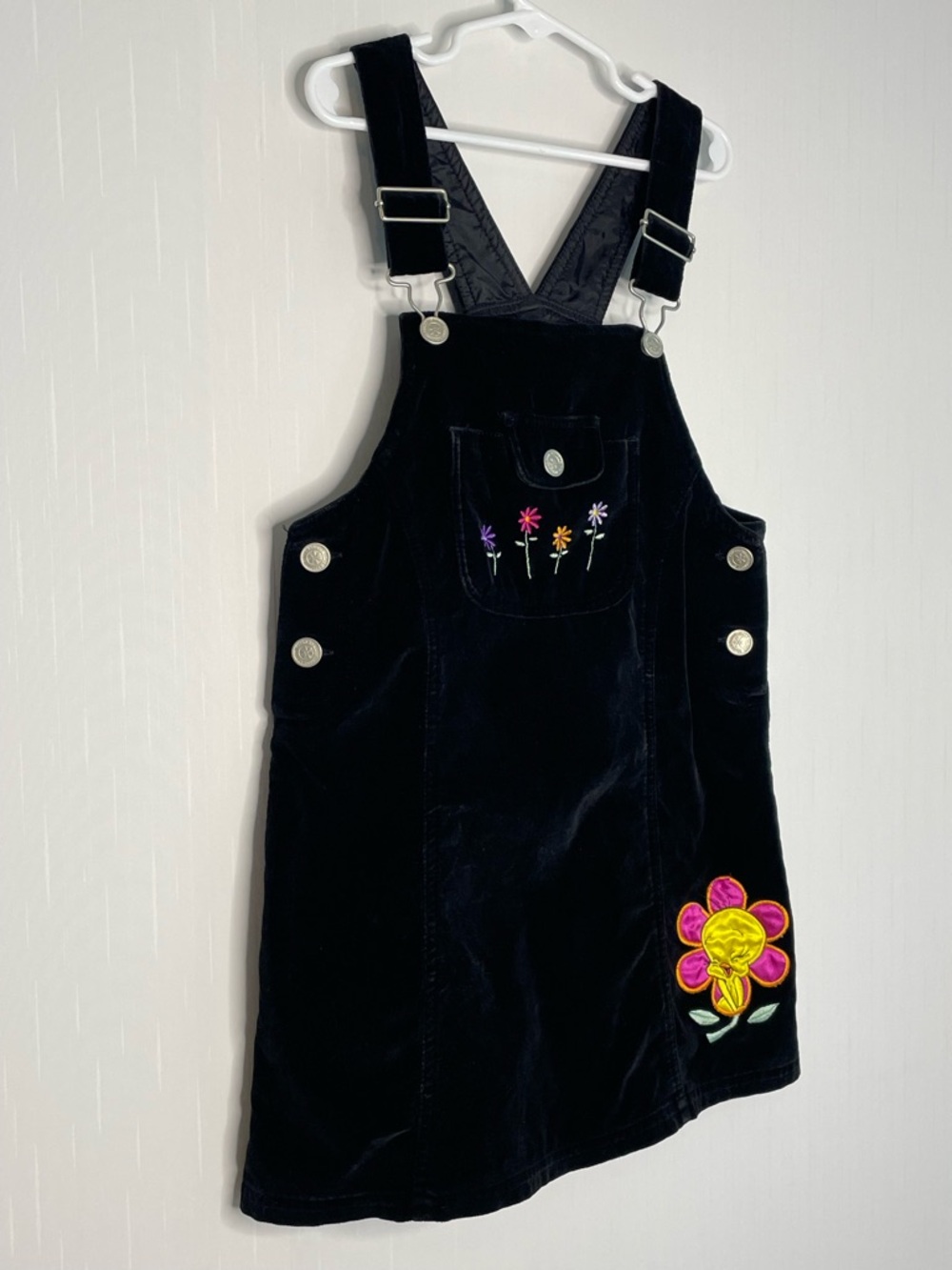 1998 Looney Tunes Tweety Bird Soft Black Velvet Bib Overalls Jumper Dress 7/8 - Picture 2 of 12